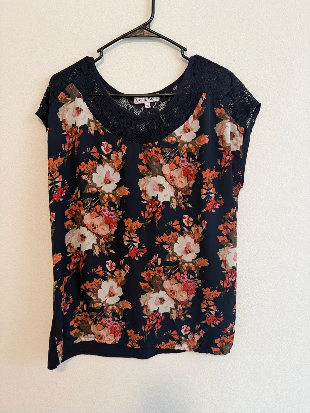 Carol Rose Navy Floral Lace-Trim Top with Coral and Cream Blooms